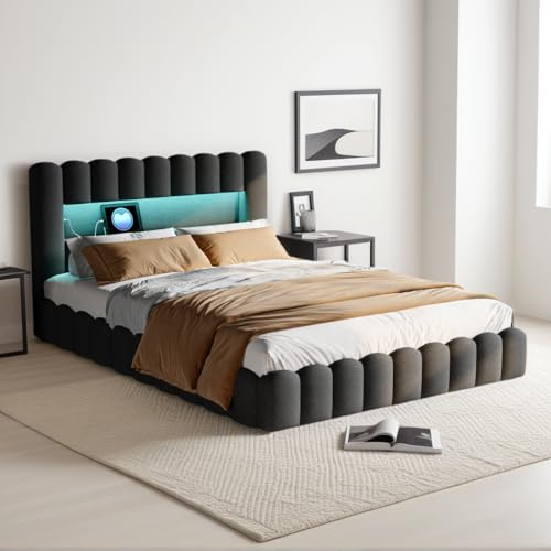 SUNFECILI Polsterbett Bubble Bett 140x200 cm, Doppelbett Stauraumbett Jugendbett mit Bettkasten und Stauraum-Kopfteil, Funktionsbett (Grau + Leinen, 140x200cm)