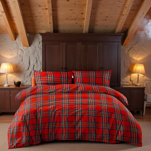 Tex family Housse de couette écossaise rouge – Parure de lit en pur coton 100 % – Fabriqué en Italie, style classique tartan – 155 x 200 cm