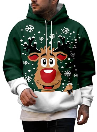 Kswlwccpp Weihnachtspullover Herren Lustig: Casual Kapuzenpullover Baumwolle Hässlich Christmas Sweater Strick Weihnachtspulli mit Reindeer Weihnachten Hoodie