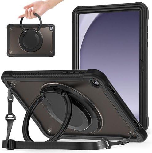 Miimall Hülle für Samsung Galaxy Tab A11 Plus 2025 11 Zoll Schutzhülle mit Stifthalter, Ständer Ring und Schultergurt, Stoßfest Robuste rutschfest Griff Dünn Matt Cover für Tablet A11 + Case Schwarz