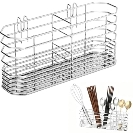 Qubitly Stainless Steel Cutlery Drainer, Dual-Use Kitchen Sink Organiser with Chopstick Rack, Countertop & Hanging Cutlery Holder, Silver Dish Drainer Rack for Tableware Storage
