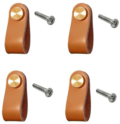 Solvind 4PCS Vintage Leather Drawer Handles Copper Screws, Dark Coffee | Soft Wear-Resistant Leather | Solid Rust-Proof Copper Screws | for Cabinets, Wardrobes, Dressers & Kitchen Furniture