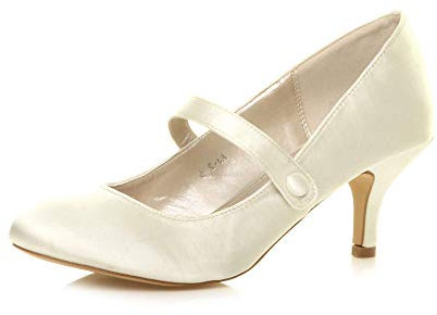 AJVANI Low mid Heel Mary Jane Strap Work Party Court Shoes Size 3 36 Ivory Satin