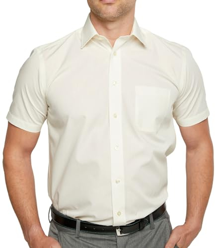 Double Two Men's Short Sleeve Cream Classic fit Cotton Blend Shirt