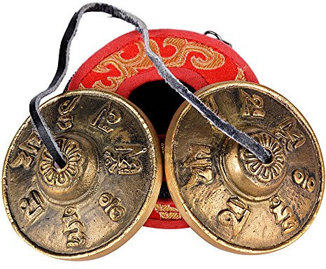 (Durchmesser: 6,5cm) Zimbeln + Schutzhülle (rot) Tibetische Meditation Glocke Tingsha mit gravierten Symbolen für selbst Heilung Yoga und Meditation Gebet religiöse Geschenk