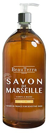 BeauTerra - Sapone di Marsiglia Liquido, 1L - Vaniglia e Miele - Corpo e Mani - 96,5% di Ingredienti di origine naturale - 100% Made in France