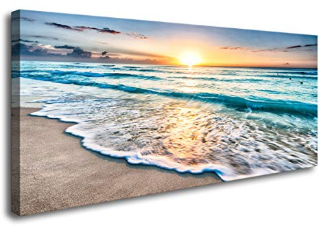 Baisuart S02250 Canvas Prints Wall Art Beach Sunset Ocean Waves Nature Pictures Stretched Canvas Wooden Framed for living Room Bedroom and Office