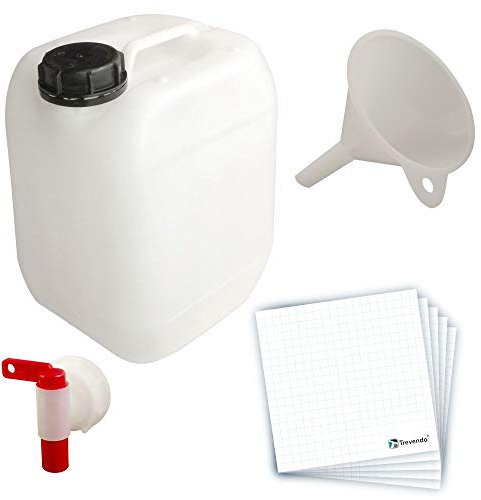 5 Liter Leerkanister DIN 45 (Ø35 mm) inkl. Trichter, Auslaufhahn und 5 Trevendo® Etiketten