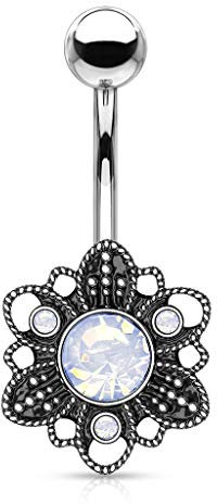 Tata Gisèle Piercing Nombril en Acier Chirurgical 316L et Opale - Fleur Aspect Vieilli et Opale Transparent - 25 mm