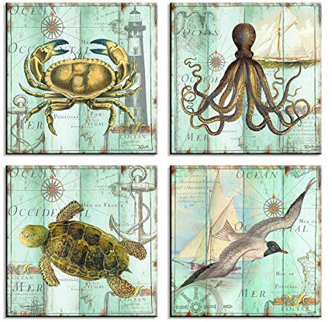 Leinwandbild Set 6615 Maritim Ozean Krabbe Oktopus Schildkröte Möwe Vintage 4-teilig 30x30 cm Wanddeko Strand Nautik Retro Kunst Druck