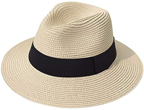 DRESHOW Femme Homme Chapeau de Paille Panama Chapeau Été Large Bord Chapeau de Soleil Anti-UV pour Plage Voyage Fedora Chapeau de Soleil