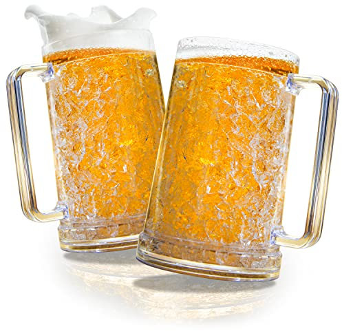 Granatan Juego de 2 tazas de cerveza Frozen para congelador, transparentes de doble pared, con asas, 16 onzas