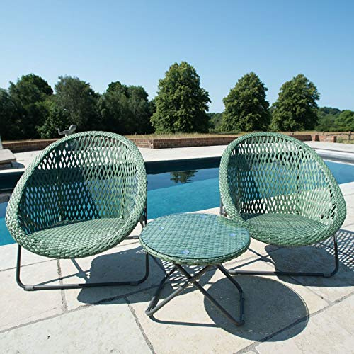 Dawsons Living Faux Rattan Bistro Set - Choice of Colours - Conservatory Garden Patio and Decking Furniture Chairs and Glass Top Table Set (Dark Green)