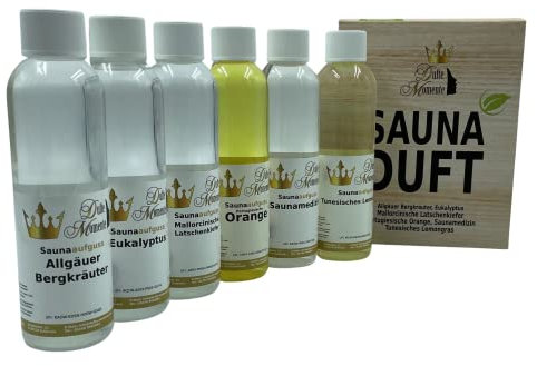 Dufte Momente | 6 x 250ml Saunaduft Konzentrat | Allgäuer Bergkräuter, Eukalyptus, Latschenkiefer, Orange, Saunamedizin (Kampfer, Zitrone), Lemongras | vegan