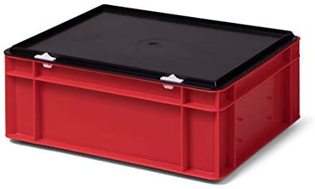 1a-TopStore Kunststoff-Stapelbox/Lagerbehälter, rot, mit schwarzem Verschlußdeckel, 400x300x156 mm (LxBxH), stabile Industrie-Ausführung!