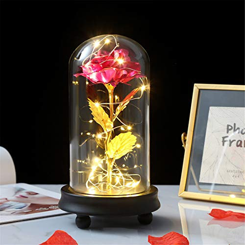 Eternal Rose LED Kit Beauty and Beast Blumenlicht, künstliche Rosen mit künstlicher Goldfolie in Kuppelglas, Holzsockel, Heimdekoration, Geschenk