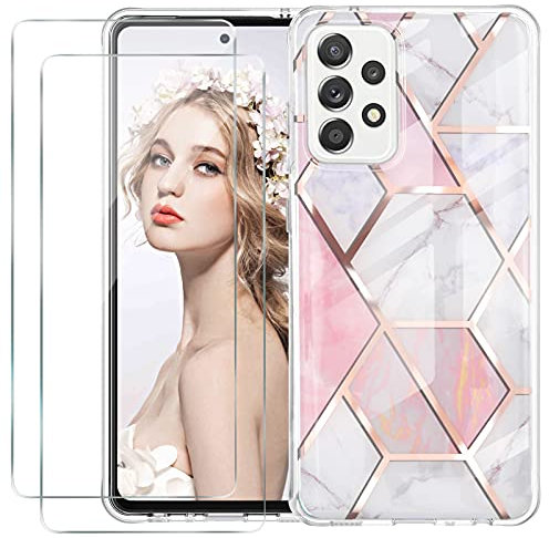 Marmor Hülle für Samsung Galaxy A52 5G mit 2 Stück Panzerglas Klar Silikon Cover Galaxy A52s Handyhülle Transparent Flexible Ultra Dünn Case Original Schutzhülle für Samsung A52s A52 4G / 5G Handy