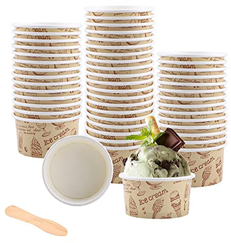 Bols de Crème Glacée,50pcs réutilisables Coupe Glacée Tasses Gobelets Carton Gobelets en Papier à Dessert Ice Cream Yoghourt rondes roses Pots de crème glacée avec cuillères