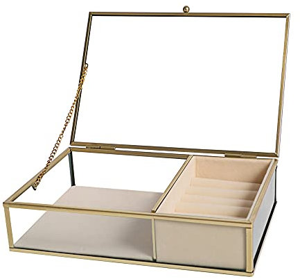 Ylu Yni Glass Jewellery Organizer for Women, Clear Keepsake Case With Gold Frame and Velvet Trinket Tray, Display Box for Earring Ring, Necklace (Cream Yellow)