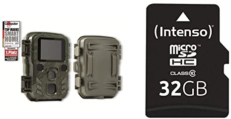 Technaxx Wildkamera mit Bewegungsmelder Nachtsicht Funktion PIR-Sensor, IR LEDs für Nachtaufnahmen & Intenso microSDHC 32GB Class 10 Speicherkarte inkl. SD-Adapter, schwarz