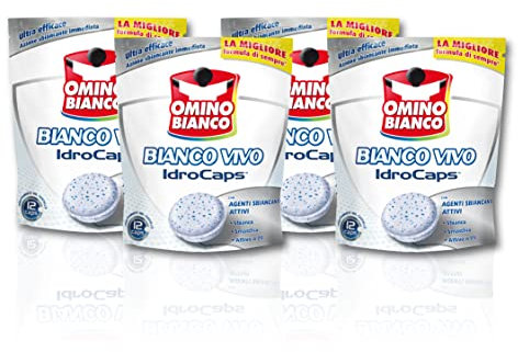 Omino Bianco - Additivo Lavatrice Bianco Vivo Idrocaps, Capsule Idrosolubili per Bucato, Azione Sbiancate e Smacchiante, 12 Caps x 4 Confezioni