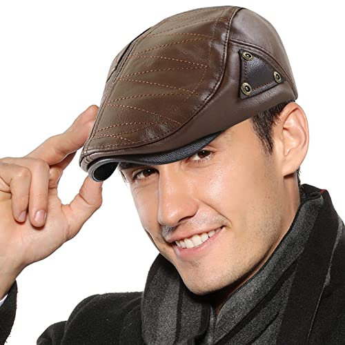 AIEOE Herren Schirmmütze PU Leder Baskenmütze Vintage Schiebermütze Männer Flat Cap Braun 01