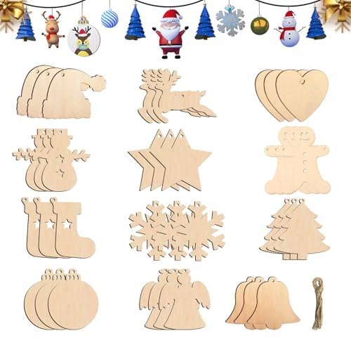 36 Stück Weihnachts Holzanhänger, Holz Weihnachtsschmuck, Ornamenten für Weihnachtsbaum, Weihnachtsdeko Anhänger mit Schlüsselband, Holzscheiben Holz Anhänger Engel für Weihnachtsbaum DIY Dekoration