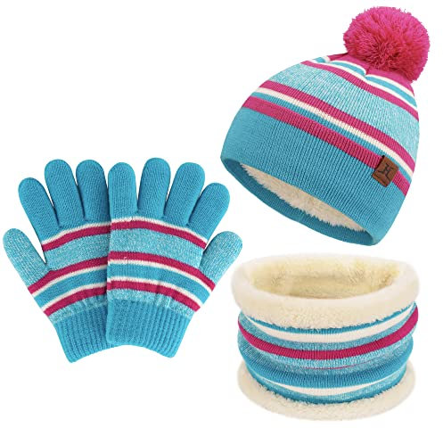 Bequemer Laden Niños Invierno Gorro Termicos Bufanda Guantes Conjunto con Gorra Pompón Forro Polar Regalo Niños Niñas 2-7