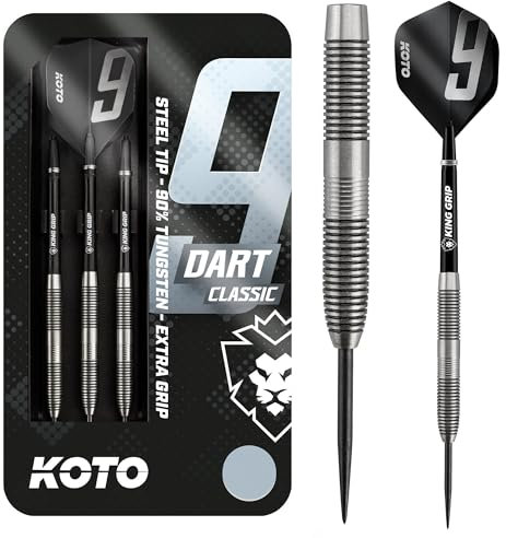 KOTO - 9-Darts Classic 90% 23 G, Silber, Darts Set inkl. 3 Barrels,Flights + Shafts & Dartwallet, Fester Ringgrip