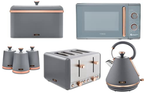 TOWER Cavaletto Grey & Rose Gold Kitchen Set of 7 Including Pyramid Kettle, 4 Slice Toaster, Microwave, Bread Bin & 3 Canisters. Contemporary Matching Kitchen Set in Grey & Rose Gold