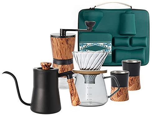 REALN Travel Coffee Gift Set 7-Piece with Goose Neck Kettle Digital Scale Double Walled Glass Mug Manual Grinder Stainless Steel Coffee Mug Paper Filter for Fishing,Camping Enjoy Coffee