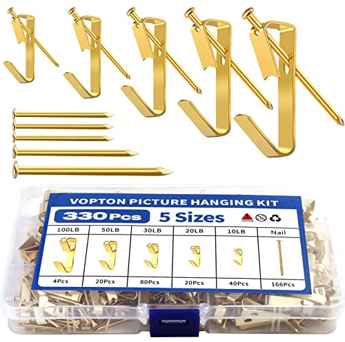 VOPTON 330Pcs Picture Hanging Kit, Heavy Duty Picture Hangers for Drywall, Picture Hanging Hooks, 5Sizes Picture Hooks for Hanging Hardware Mirror, Pictures Frame Hanger Include 100-10lbs and 166nails