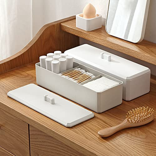 Ezebesta 3 Trennwände, Organizer für Wattestäbchen, Wattebällchen, Qtip, Wattepads, Kunststoffbehälter, Spenderbox mit Deckel für Badezimmer-Aufbewahrung (weiß)