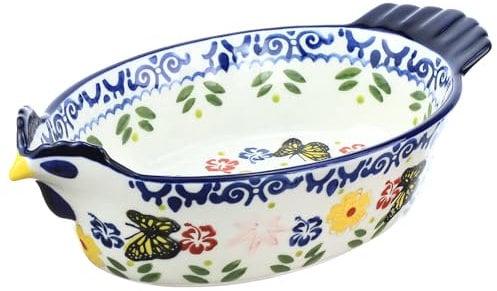 Bicuzat Vintage Butterfly and Flower Pattern Pie Pan, Chicken Shape Ceramic Bakeware Casserole Dish Baking Pan Bakers Lasagna Pans Soup Bowl Baking Dish for Oven to Table-Blue-25 OZ