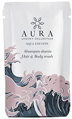 Aura Luxury Collection ® Aqua Edition Höflichkeits-Set, Stand-up-Beutel, 20 ml, sanftes Dusch-Shampoo mit biologischen Extrakten aus weißer Brennnessel für Hotel und B&B Air Charter Ferienhäuser (100)
