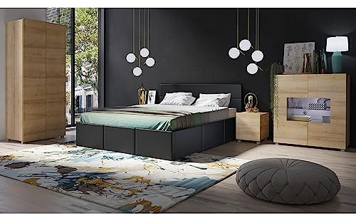 Lomadox Schlafzimmer Set 5-teilig mit Bett 160x200cm, 2 Nachttische, Kleiderschrank 2-TRG., Highboard in Eiche Nb. mit Kunstleder Graphit Modern