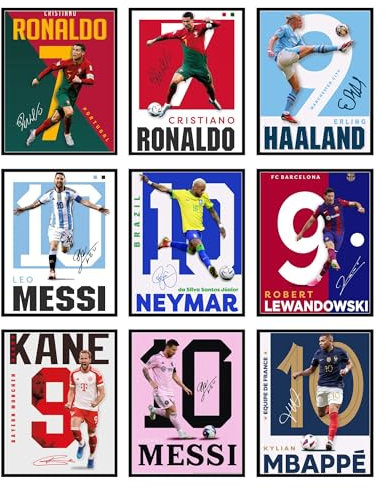 BigWig Prints Lot de 9 affiches de football pour chambre de garçon, affiches Messi et Ronaldo, pour chambre de garçon, art mural sur le thème du football – Sans cadre (20,3 x 25,4 cm)