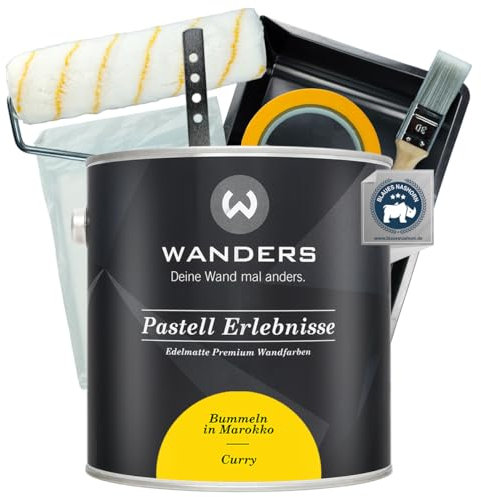 Wanders Pastell Erlebnisse Wandfarbe 2,5L (Curry, Gelb) inkl. Streichset Basic – Premium Kreidefarbe, Leichte Anwendung, Hochdeckend, Ultramatt, Perfekt für Heim-DIY