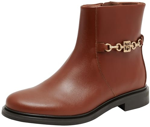 Tommy Hilfiger Damen Mid Boot Stiefel Chain Low Bootie aus Leder, Cognac Brown (Braun), 40