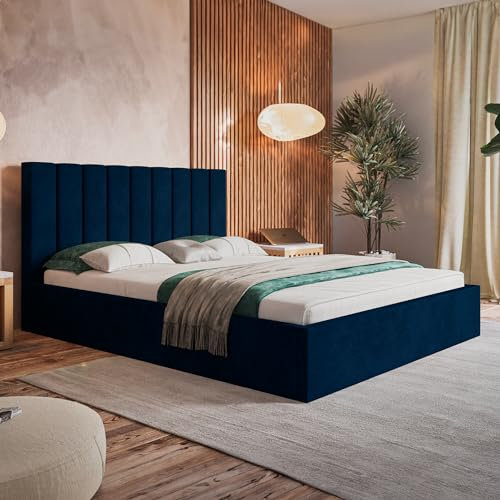 MOTIVENA Wiko Polsterbett 160x200 Blau, Polsterbett 160x200 Samt, Polsterbett 160x200 mit Bettkasten, Polsterbett 160x200 mit Stauraum, mit Lattenrost, mit Kopfteil, ohne Matratze, Dunkelblau