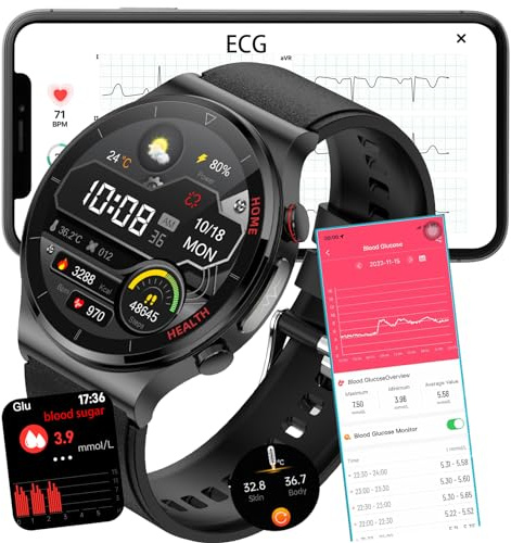 Fohatu ECHG Smart Watch, Fitness Tracker, Bluetooth Control, Body Thermometer, Pulse Beat, Sleep, Blood Pressure, Step Switch (Black Silicone)