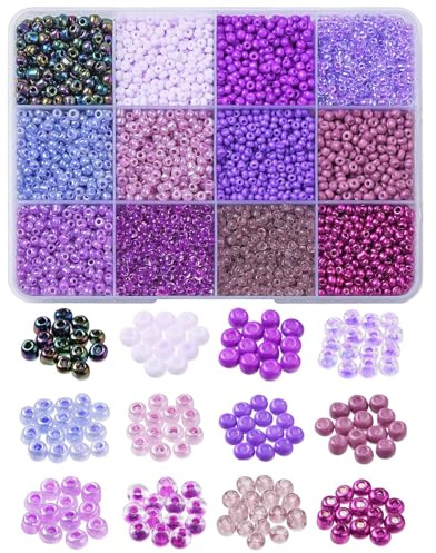 Stiesy Approx 3600Pcs 12 Styles Glass Seed Beads 4mm Crystal Glass Round Beads Lavender Purple 6/0 Craft Beads Kit for Jewellery Making DIY Bracelet Crafting