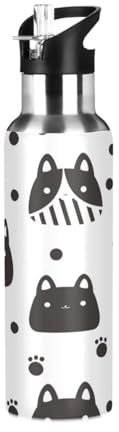 Chat Noir À Pois Blancs Bouteille d'eau Isotherme avec Paille en Acier Inoxydable Gourde, Sans BPA Gourdes Eau pour Enfant Sport Randonnée École Bureau (600ml/1L)