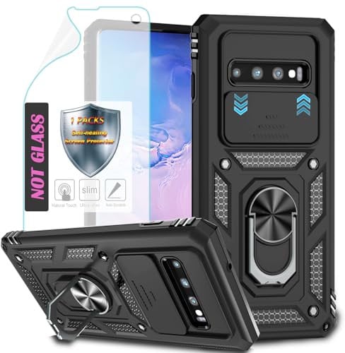 YmhxcY Handyhülle Für Samsung Galaxy S10 Plus Hülle,[mit 1 Stück Schutzfolie],360°Drehen Metallständer，Stoßfester Schutz Hartschale，Mit Kameraschutz，Samsung Galaxy S10 Plus-Schwarz