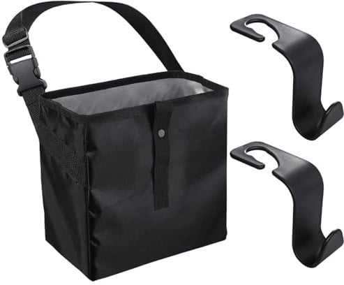 CWPFVQA 1 Stück Auto-Müllsack Und 2 Stück Auto-Haken, Multifunktionaler Auto-Müllsack, Tragbarer Auto-Mülleimer, Faltbarer Mülleimer, Auto-Utensilien, Auto-Aufbewahrungstasche