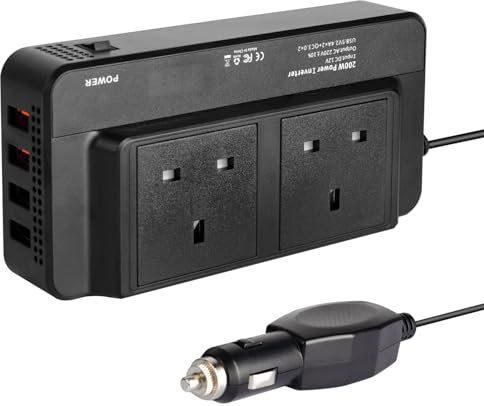 Umelee 200W Power Inverter DC 12V to AC 240V, Car Power Inverter with Dual 3-Pin Sockets & 4 USB Ports Fast Charging, Cigarete Lighter Plug to UK Plug Socket, Car Voltage Converter Transformer