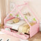 HAINEW Kinderbett Hausbett 90 × 200cm mit 2 Schublade und Dach, Holzbett Flachbett Einzelbett mit Lattenrost für Jungen oder Mädchen (Rosa)