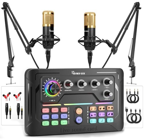 Podcast Equipment Bundle for 2, Audio Interface with Voice Changer Plus Condenser Microphones for Live Streaming, DJ Mixer Perfect for Podcast Recording, Gaming, Singing, YouTube (P900)