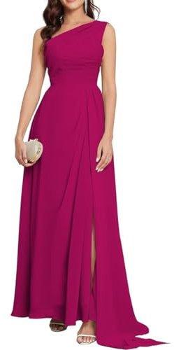 Vestido de dama de honor de princesa con volantes, vestido de gasa formal de fiesta de noche con abertura ZM087, fucsia, 34