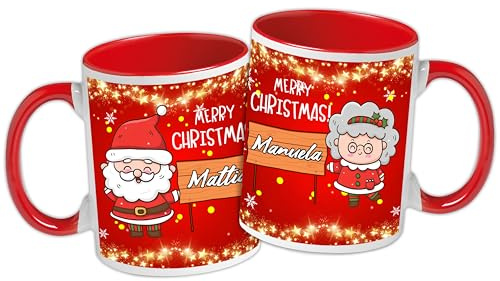 t-shirteria Coppia Tazze Natale Rosse con Nome Personalizzabile, Simpatiche Tazze Natalizie in Ceramica 330 ML, Idea Regalo Coppie (Babbo Natale, Nonni,) Merry Christmas!